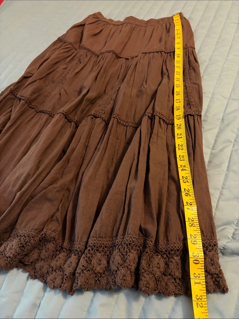 Bohemian Brown Tiered A-Line Skirt with Crochet Trim - Picture 6 of 7